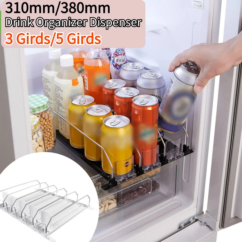 Drink Organizer Dispenser Spring Push Can Shelf Pusher Adjustable Width Soda Can Bottle Pusher E-shaped Glide for Kitchen Fridge