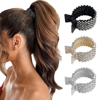 Pinza de pelo de Metal con diamantes de imitación y perlas para mujer y niña, Mini soporte alto para cola de caballo, pinzas para el pelo de cristal, tocado elegante para fiesta