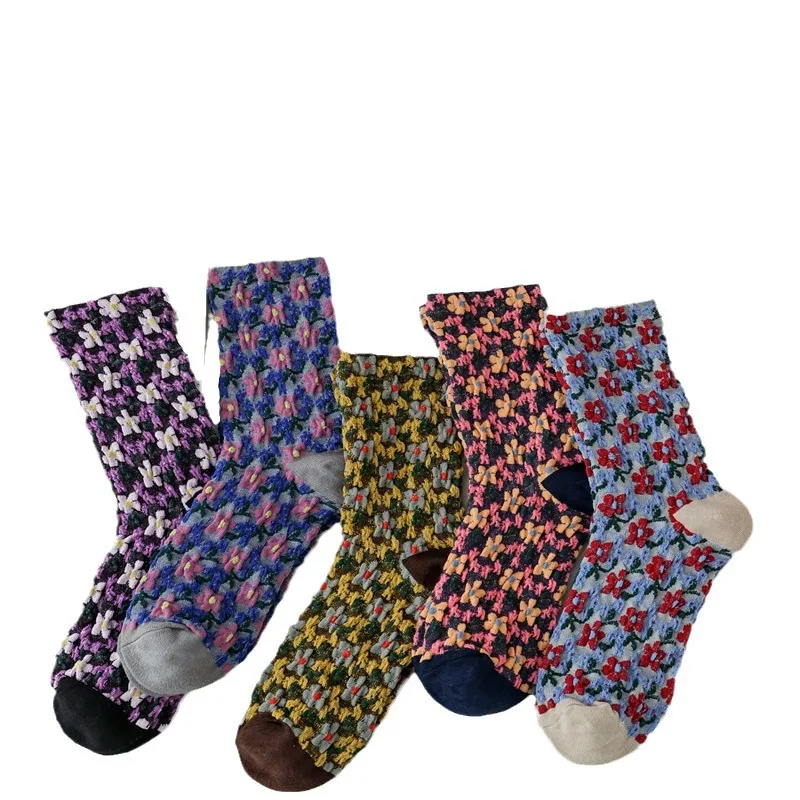 5 Pairs Autumn Winter New Retro Literary Oil Painting Small Flower Medium Tube Women's Socks Jacquard Stacking Socks