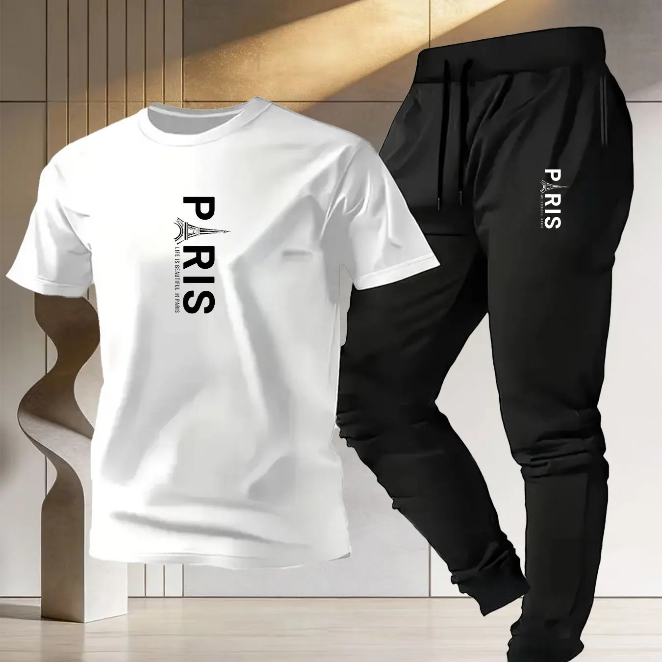 

2026 New Couple Matching Set - Pure Cotton White T-Shirt & Black Pants with Icon & Letter Print Casual Loungewear for Springr