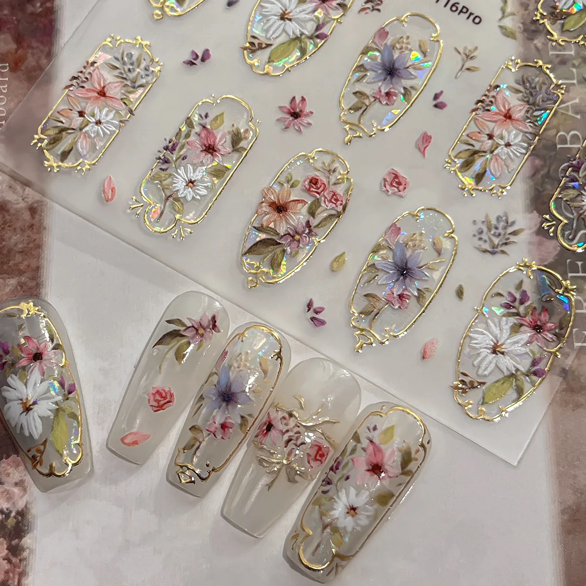 5D Elegante Nagelkunst-Aufkleber im Palast-Stil Funkelnde Goldene Retro-Blumen Selbstklebende Nageldekorationen