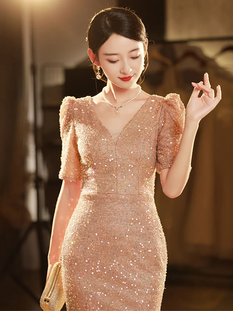 

Champagne Color Fi Tail Evening Gown for Women Host Ele Glittery Long Dr for Birthday Parties Wedding Performances