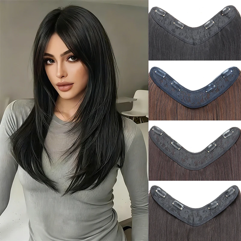 Long Straight Synthetic Clip-In V-Part Hair Extensions,Invisible Seamless Full Head Clip-On Wig for Added Volume &Length