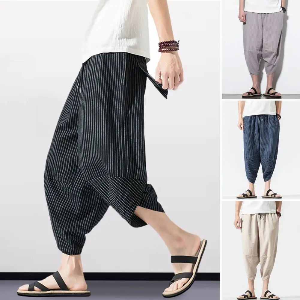 

Men Summer Cropped Pants Men's Summer Cropped Pants with Elastic Drawstring Waist Vertical Striped Print Harem for Streetwear