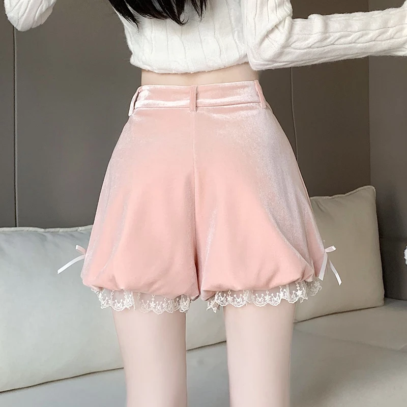 Doce chique lolita rendas guarnição shorts feminino japonês bowknot bonito lanterna calças curtas 2024 inverno kawaii veludo shorts roupas