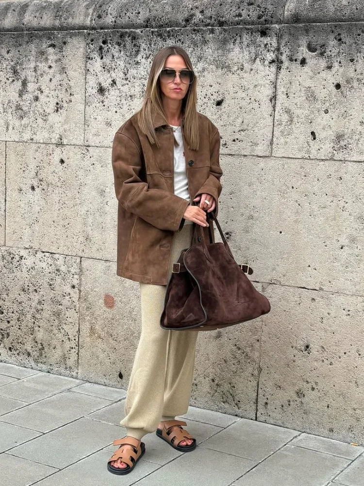 Chaqueta informal de manga larga con solapa para mujer, abrigo con bolsillo empalmado, ropa de calle alta, Otoño, 2024