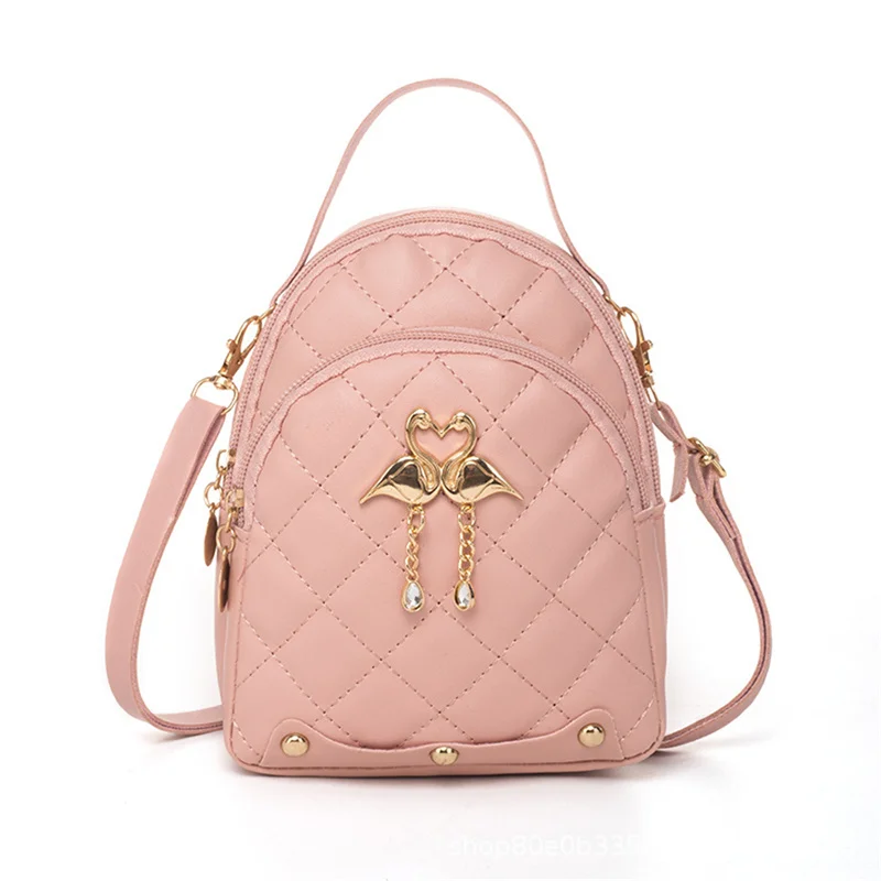 Rhombus Student Double-layer Backpack Women Fashion Swan Tassel Pendant Mini Backpack