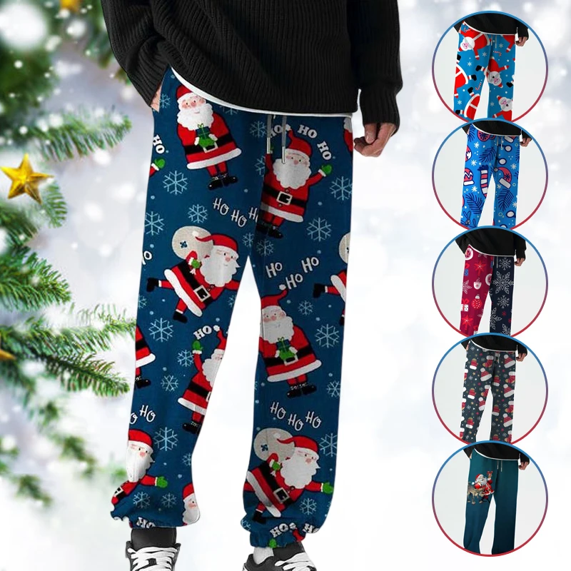 Men Christmas Printed Casual Trousers Autumn Winter Drawstring Jogger Pants Xmas Santa Claus Wide Straight Pants Sweatpants