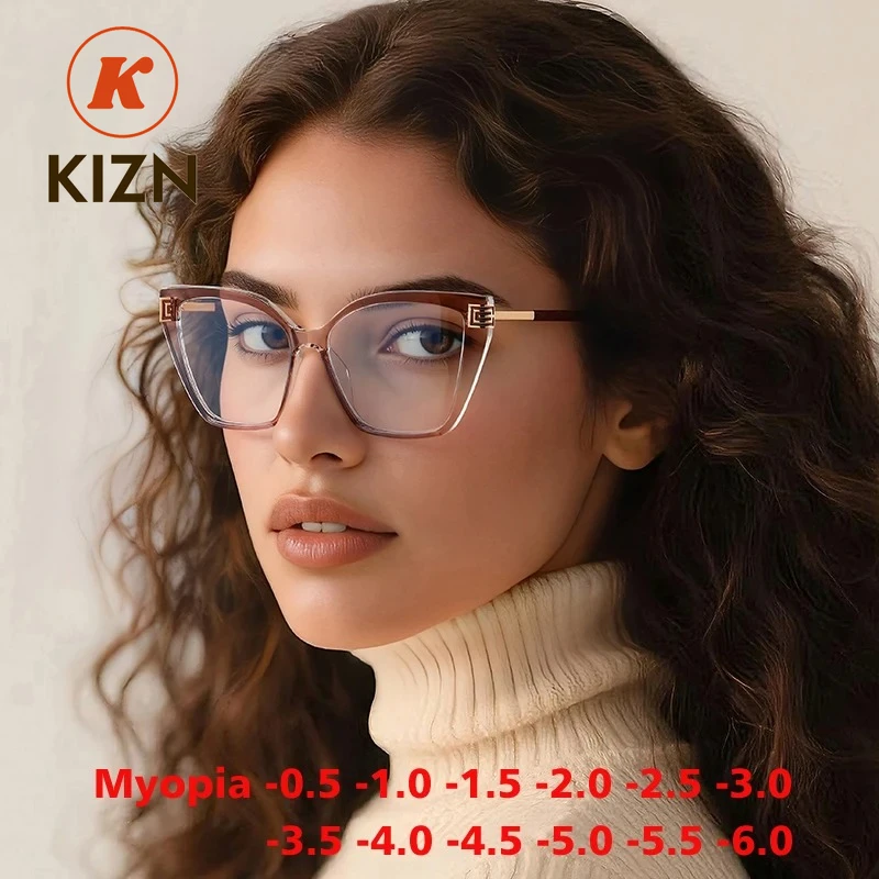 

KIZN женские очки для близорукости прогрессивные цвета в большой оправе модные TR90 анти-синий свет пользовательские очки по рецепту от -0,50 до -6,0