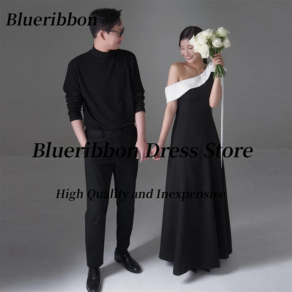 Blueribbon Black Prom Dresses One Shoulder Contrast Color Bow Photographic Studio Shooting Long Satin A Line 프롬드레스