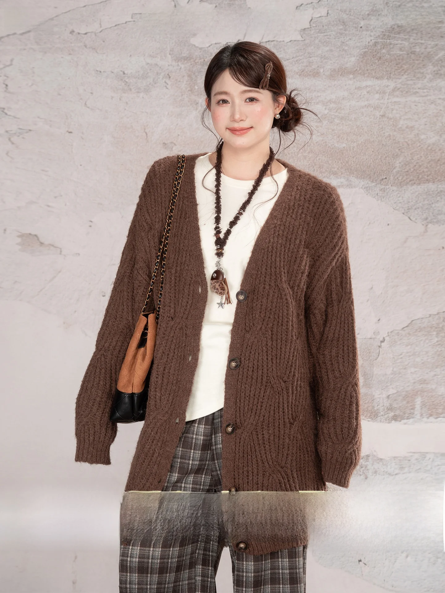 

Heynew Caramel Coffee Color Sweater Jaet plus Size Women's Casual V-Ne Top Sweet Sle Long Sve Regular Length