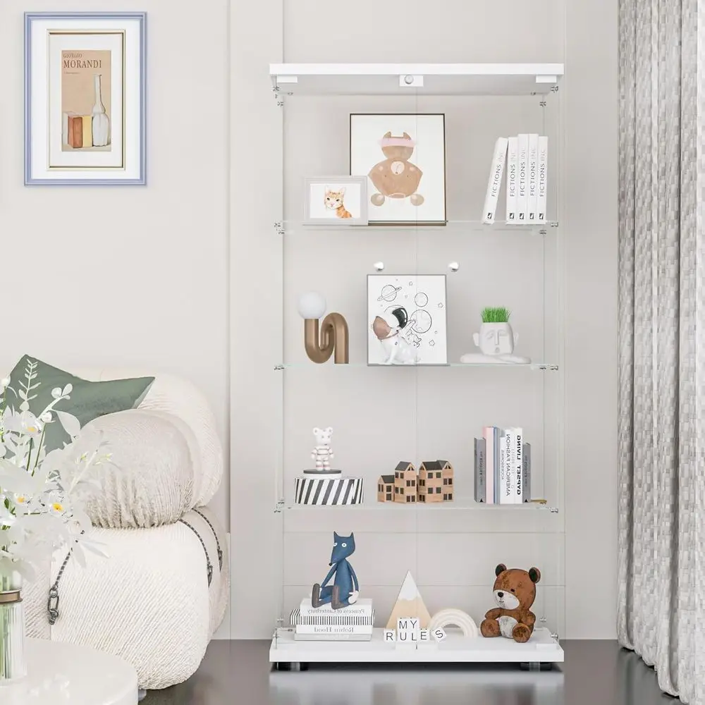 Double Door Lockable 4-Shelf Curio Cabinet with 5mm Tempered Glass, 65H x 32L x 14W, White