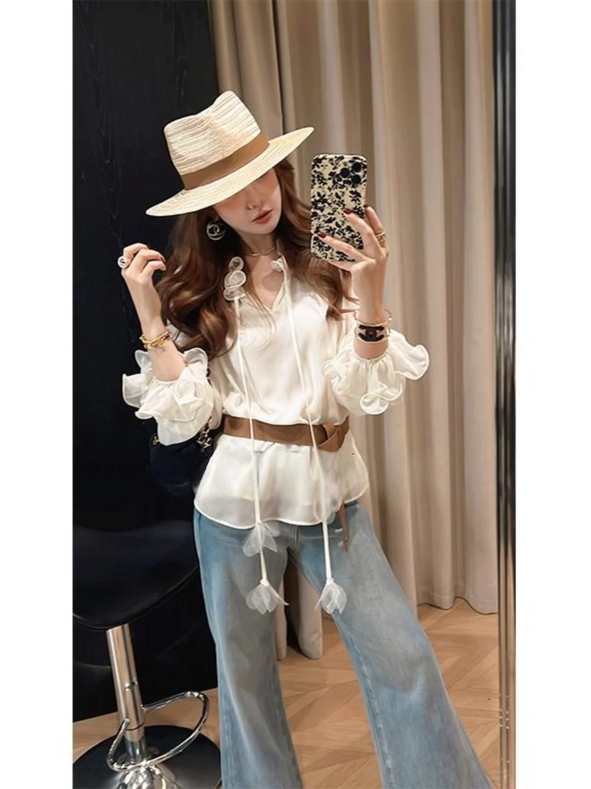 

PINZIKO Large Rabbit Slimming Harajuku Sle irt Vintage Lazy Aosphere Top Polyester Fiber Long Sve V-Ne Pure Color