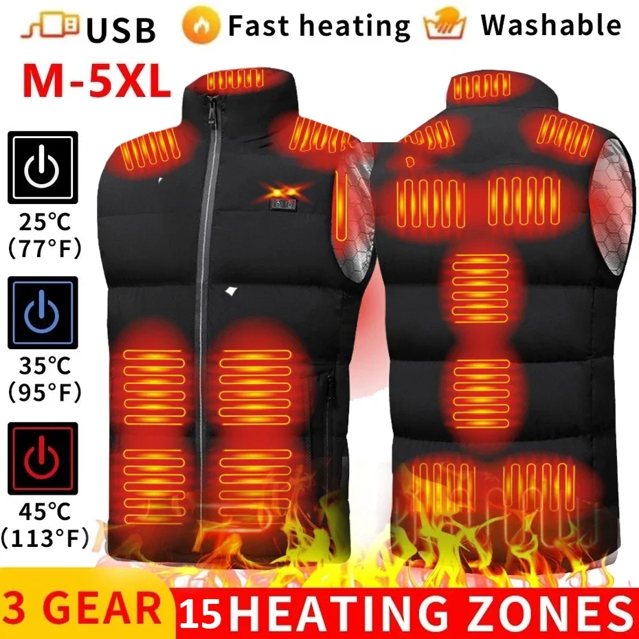 USB Heating Vest Jacket Men Infrared 15 Areas Heating Vest Jacket Winter Electric Heated Vests Plus Size 5XL Sleeveless Jackets