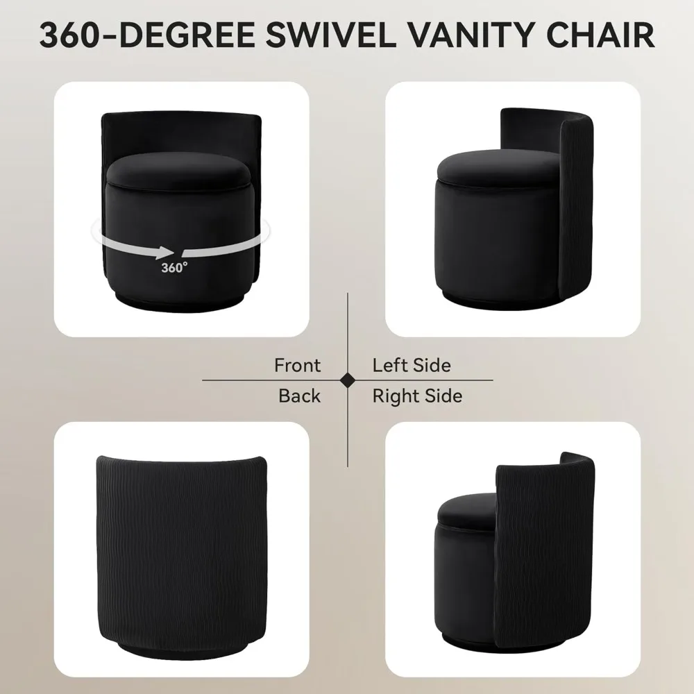 كرسي فانيتي مع مساحة تخزين، 360 ° كرسي مكياج دوار مع ظهر مموج، بدون تجميع مقعد صغير لغرفة النوم والخلع الملابس #6