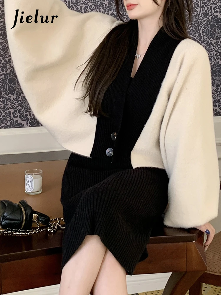 Jielur Sweet V-neck Fashion Knitting Sweater Loose Women Cardigan French Spell Color Chic Casual Single Breasted Female Cardigan