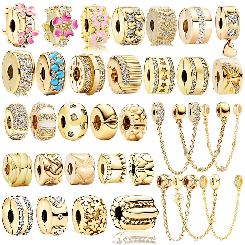 New Original Sparking Golden Cherry Blossom Heart Clip Security Chain Charms Beads DIY Women Jewelry Gift Beads Fit Bracelets