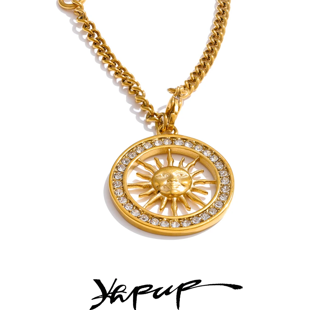Yhpup Hot Style Zirkonia Runde Sonne Hohl Anhänger Halskette 18K Gold Farbe Edelstahl Exquisite Premium Schmuck Geschenk