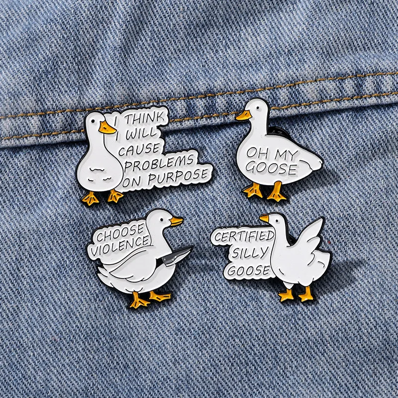 Cute Goose Enamel Brooch Violent Dagger White Goose Silly White Duck Cartoon Animal Metal Badge Punk Pin Jewelry Accessorie Gift