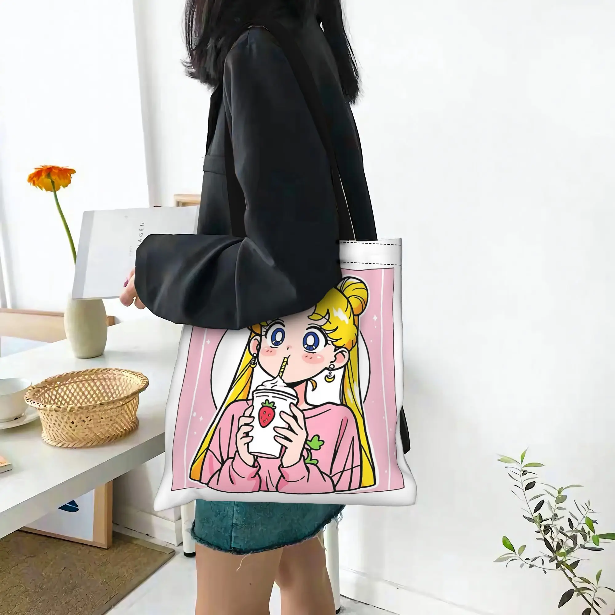 Customized Sailor Moon Women's Bag Shopping Bag Reusable Double Sided Canvas Tote Bag Shoulder  Handbag