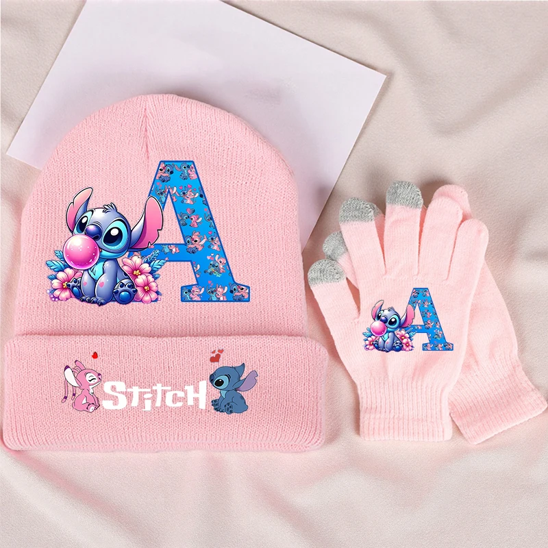 Blue Alien Dog Winter Cute Knitted Hat Gloves 2PCS for Girls Boys Cartoon Letter Student Warm Cap Screen Gloved Birthday Gifts