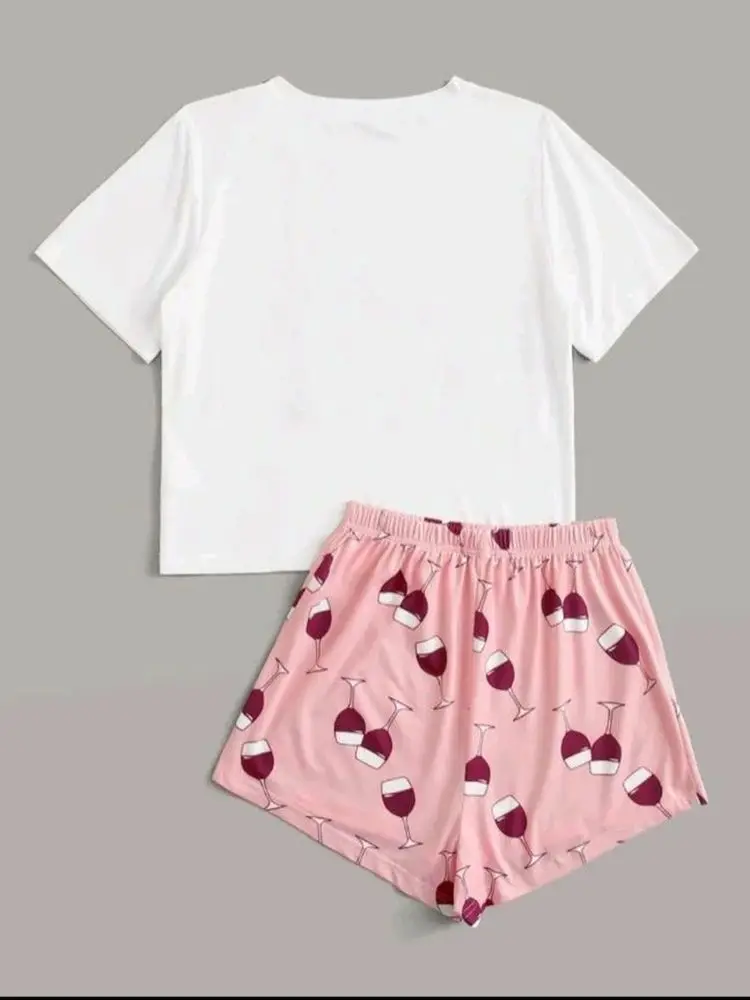 New style women\'s pajamas white letters short-sleeved blouse shorts two-piece elegant casual lovely home wear