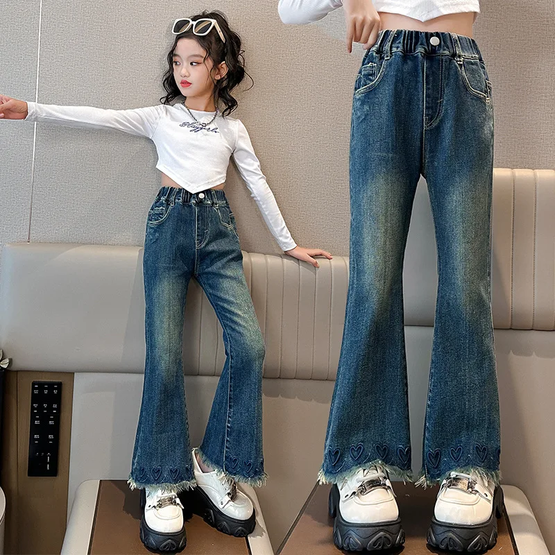 

Children's Pants, Girl's Ankle Cuffs, Heart Embroidered Bell Shaped Pants, Autumn New Korean Style Stylish Slim Fit Jeans