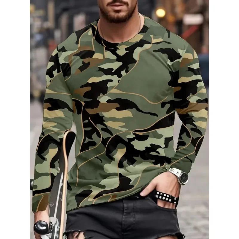 3D Printed Casual Long Sleeve Geometric Camouflage Crew Neck T Shirt Men 100 Polyester Stretch Knit Regular Fit Daily Wear