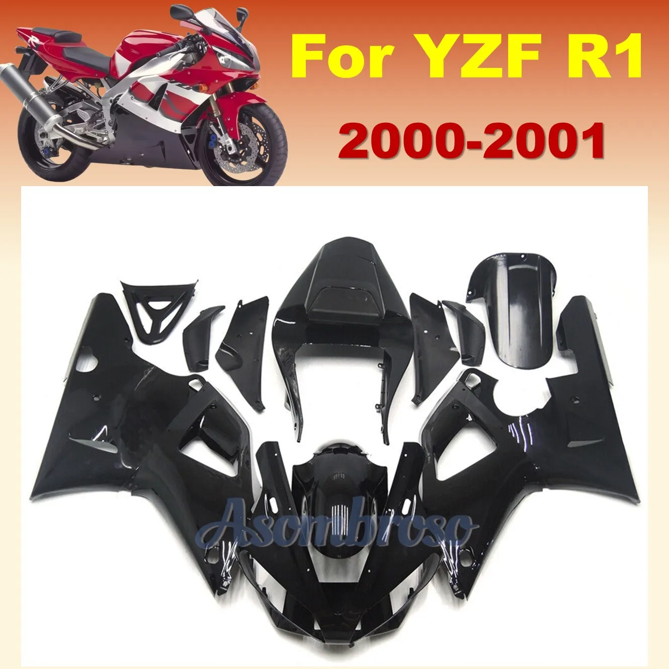 China make Perfect Fit ABS plastic motorbike spare parts black Fairing kit for YAMAHA YZFR1 2000 2001 YZF1000+Rear seat cover CN
