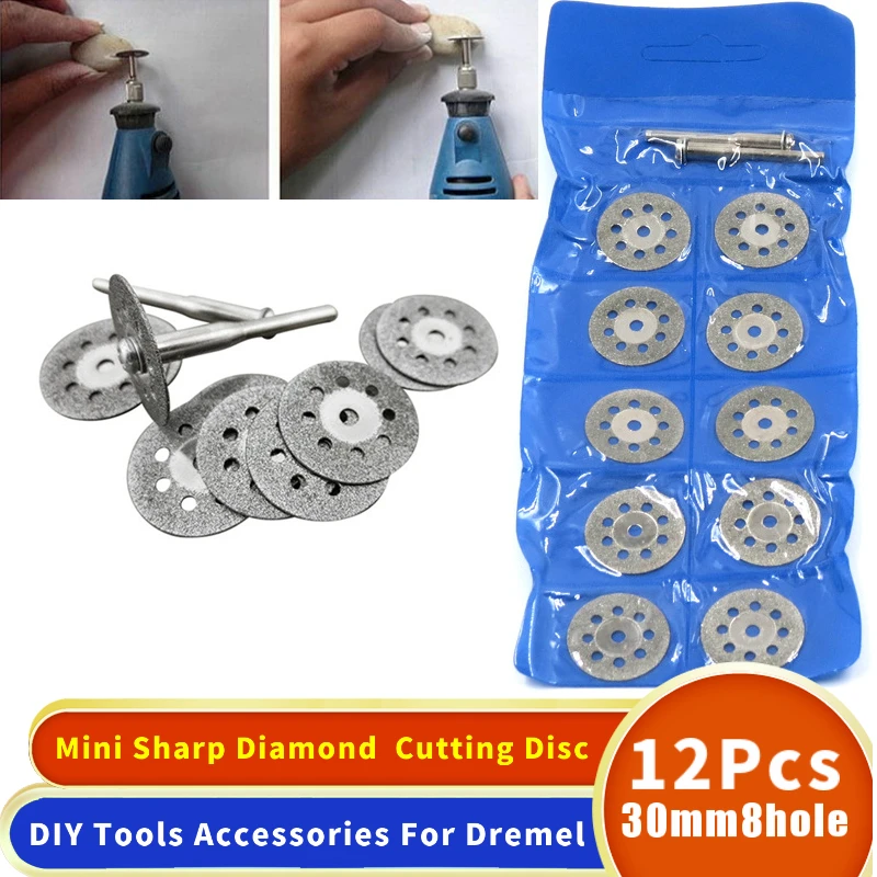 New Hot Sale 10Pcs 30mm Mini Sharp Diamond Cut Off Rotary Tool Cutting Disc Disks DIY Tools Accessories For Dremel with 2Pcs rod