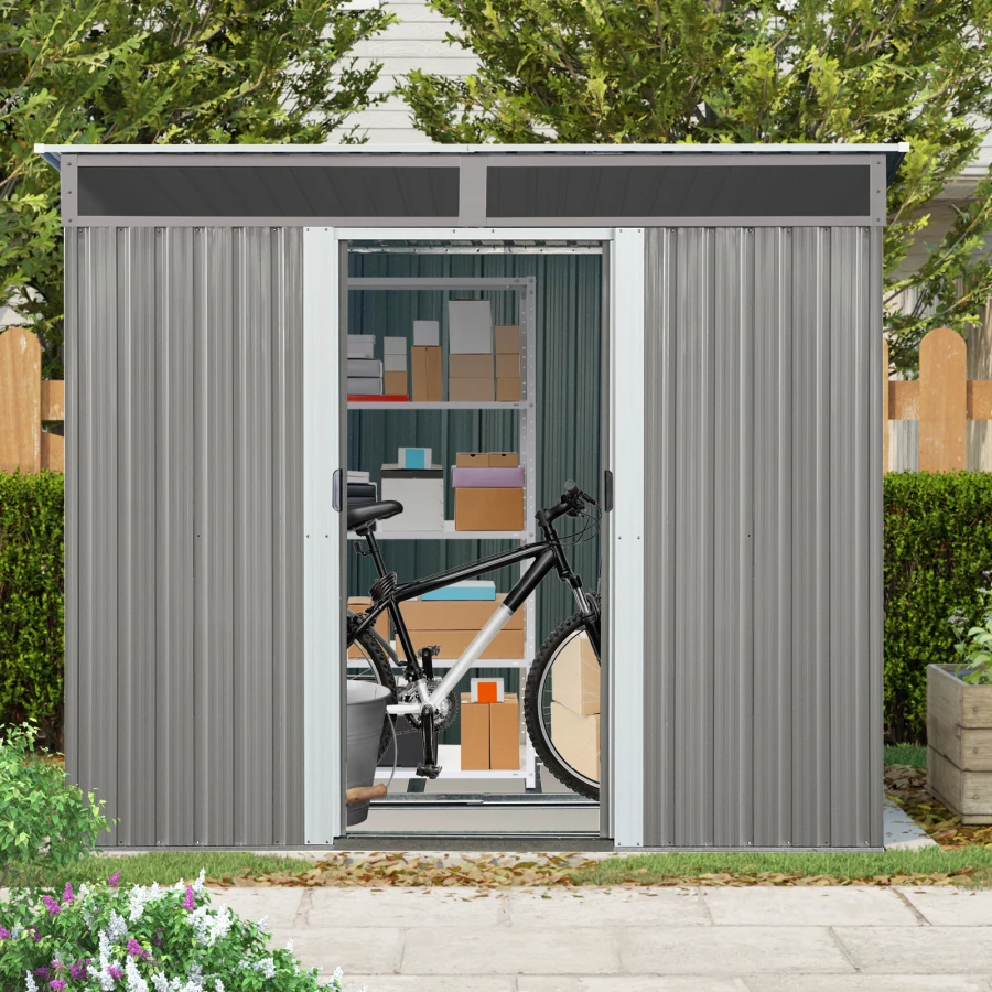 8 ft x 6 ft Outdoor Metal Storage Shed with Window, Transparent plate and lockable sliding door for Garden, Lawn Gray (Upgraded