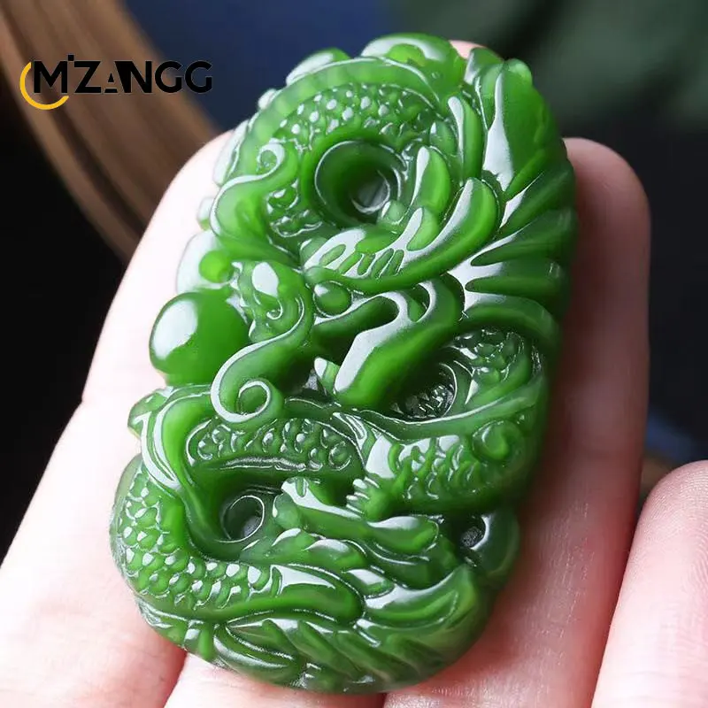 Naturalna zieleń Hetian Jade wisiorek w kształcie smoka ręcznie rzeźbione Jade naszyjnik spersonalizowany urok biżuteria pomyślny prezent dla mężczyzn i kobiet