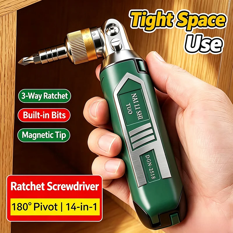 14-in-1 Magnetic Ratcheting Screwdriver 180° Swivel Folding Head 3-Setting Ratchet with Socket Kits Portable Hand Tool & DIY