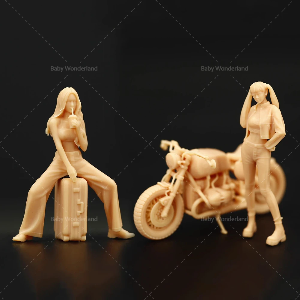 

In Stock 1/64 1/43 Double Ponytail Motorcycle Riding Luggage Beautiful Woman Figures Unpainted Model Creative Scene Vehicle Toys