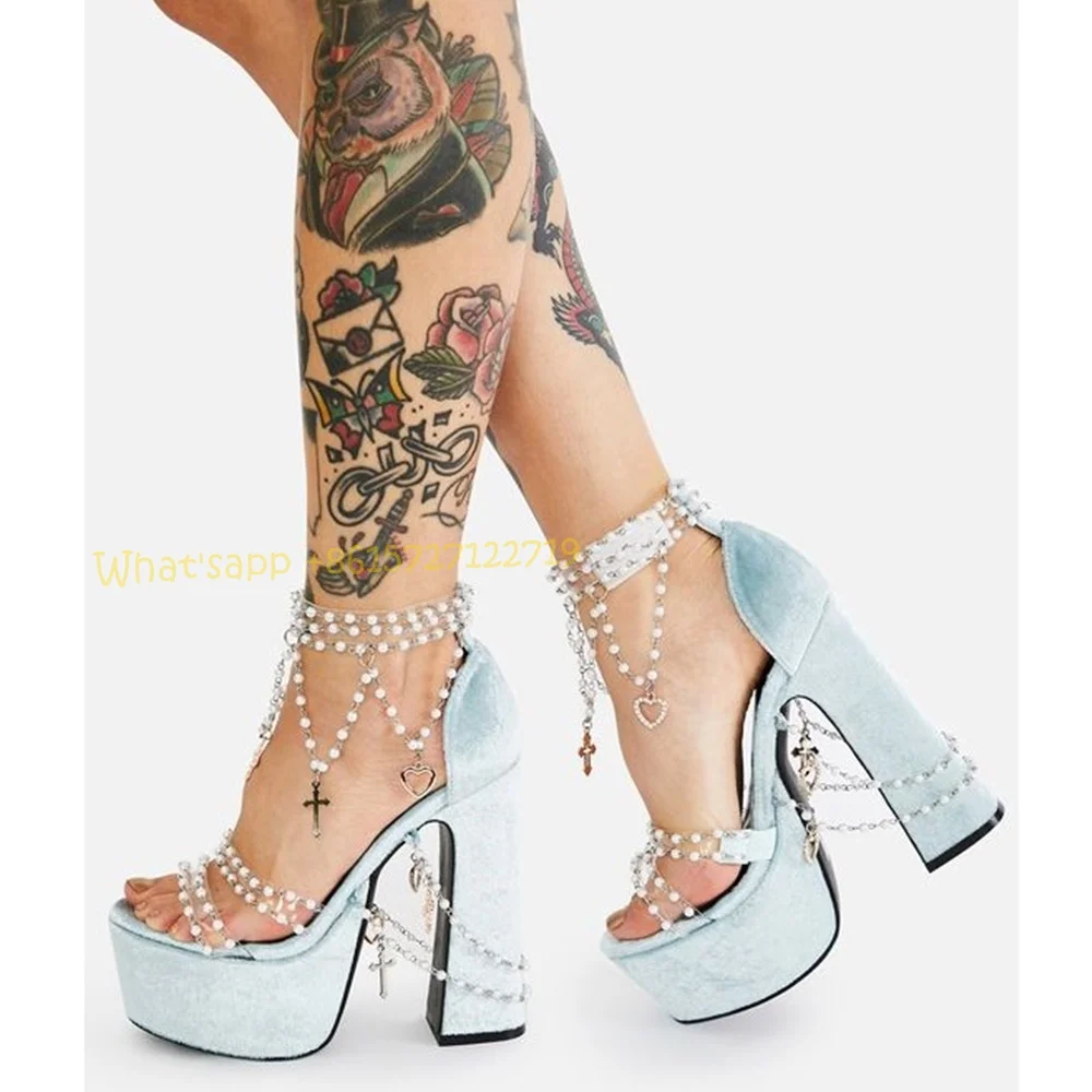 Pearly Blue Platform Heels Suede Sandals Summer Chunky Heels Metal Chain Pink Sandals Sweet Peep Toe Women Party Wedding Shoes