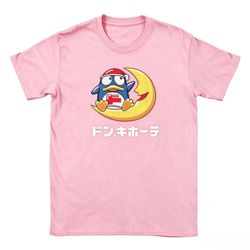 Retro Japanese Cartoon Penguin Sitting on Moon Graphic Tee Cool Street Fashion O Neck Short Sleeve T‑Shirt Youth Men and Women