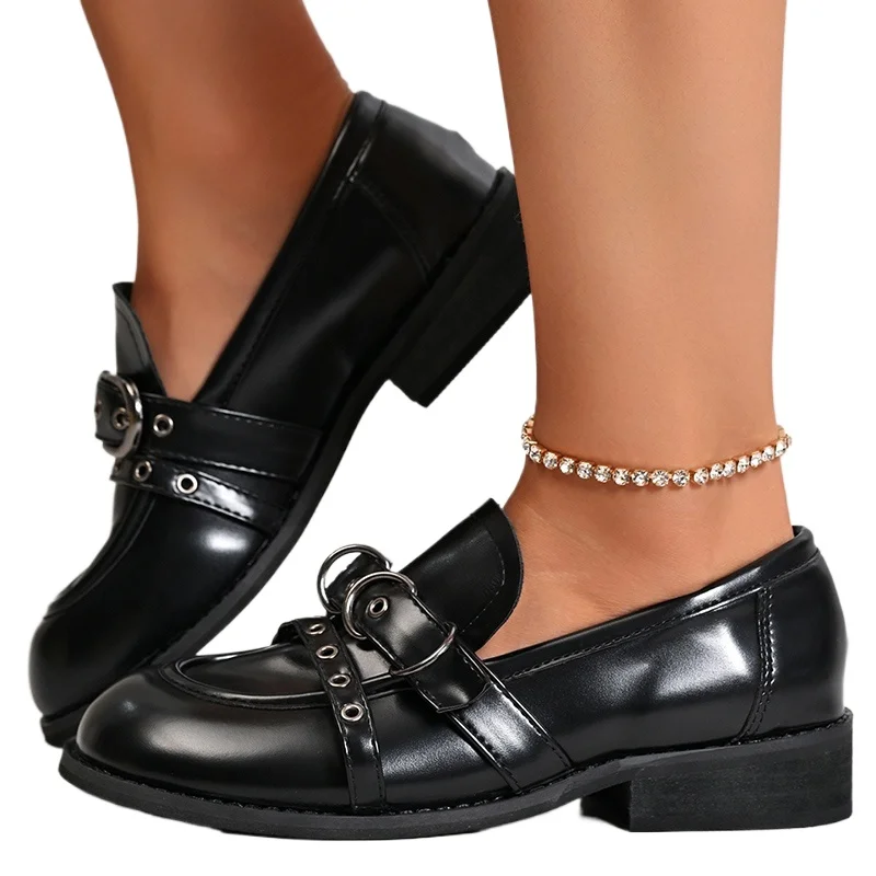 

Fashion Metal Belt Buckle Decoration Loafers Women Autumn Round Toe Medium Heel Pumps Elegant Vintage Pu Solid Office Shoes