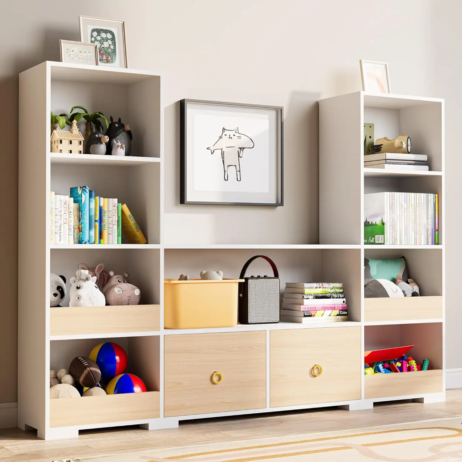 4-Tier Toy Storage Organizer with Drawers, 9-Cube Bookcase for Playroom, Nursery, Classroom, Bedroom