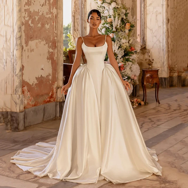 

Eightree White Princess A-Line Wedding Dresses Spaghetti Strapes Satin Bridal Dress Formal Wedding Ball Prom Gowns Customized