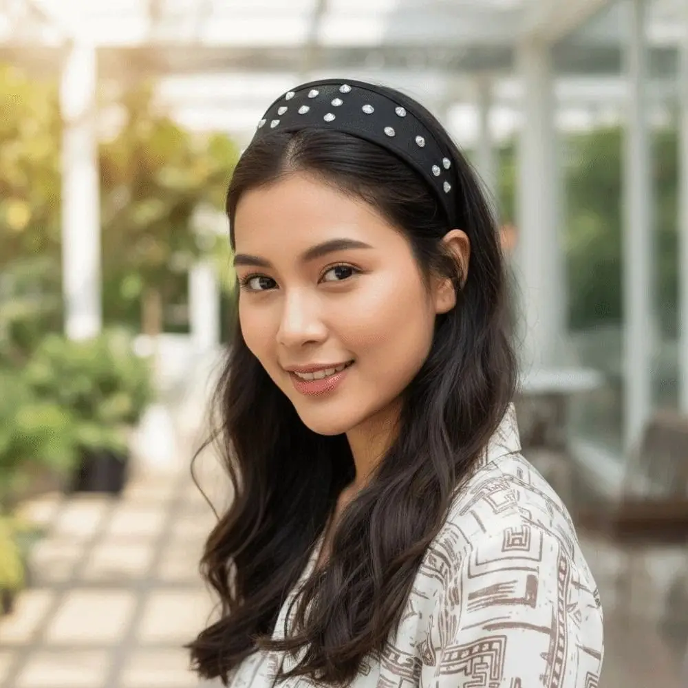 Headwear Mesh Pearls Headband Beads Waterproof Rhinestone Wide Hair Hoop Solid Color Sparkling Black White Hairband for Gifts