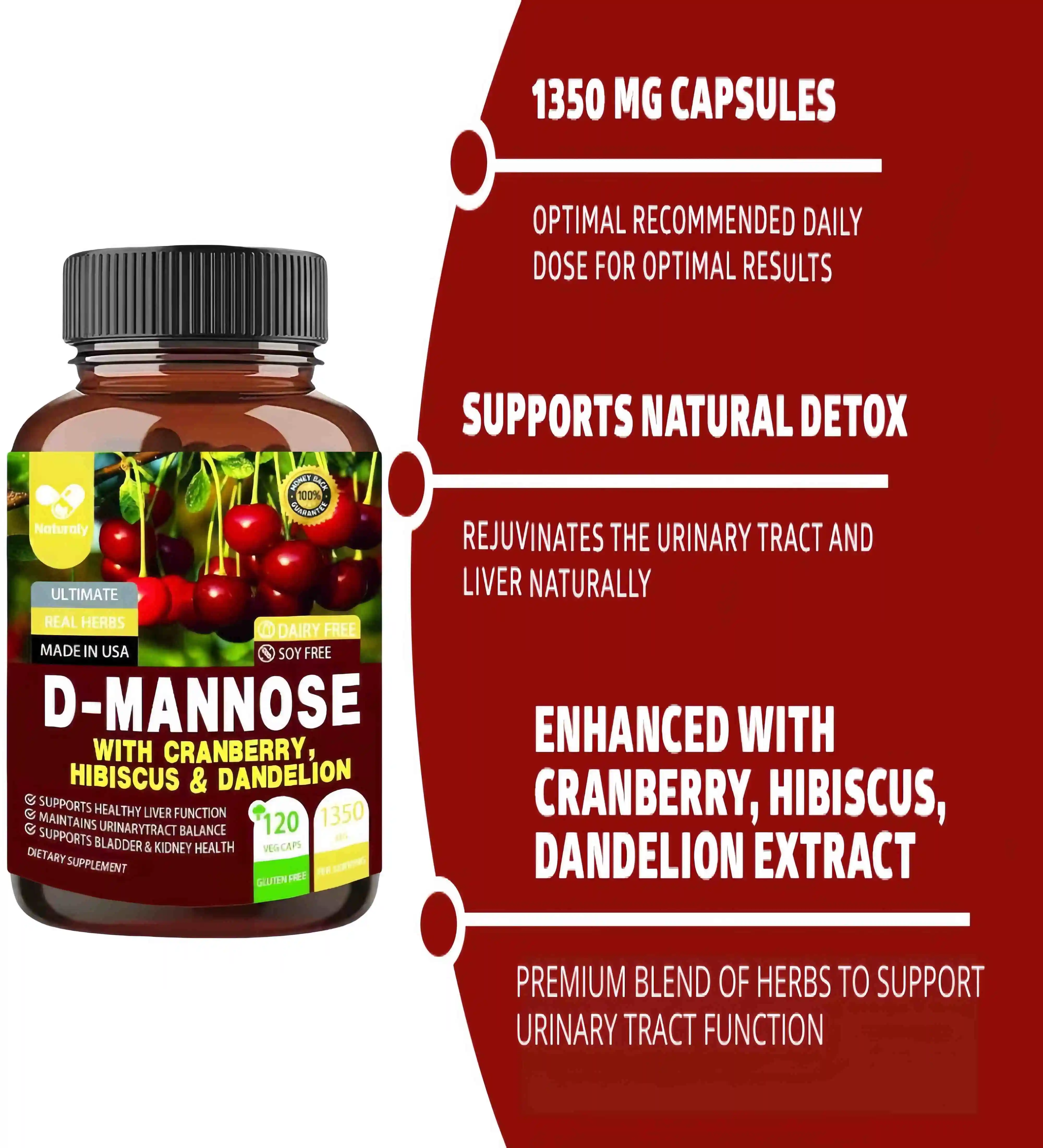 Premium D Mannose with Cranberry and Dandelion [Max Strength, 1350mg] Supports Urinary Tract Health and Bladder Health Support