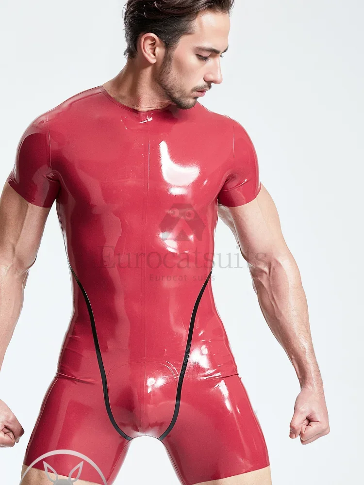 Catsuits de látex para hombre, traje europeo, leotardo de goma, fetiche, personalizado, cosplay, sin cuello, manga corta