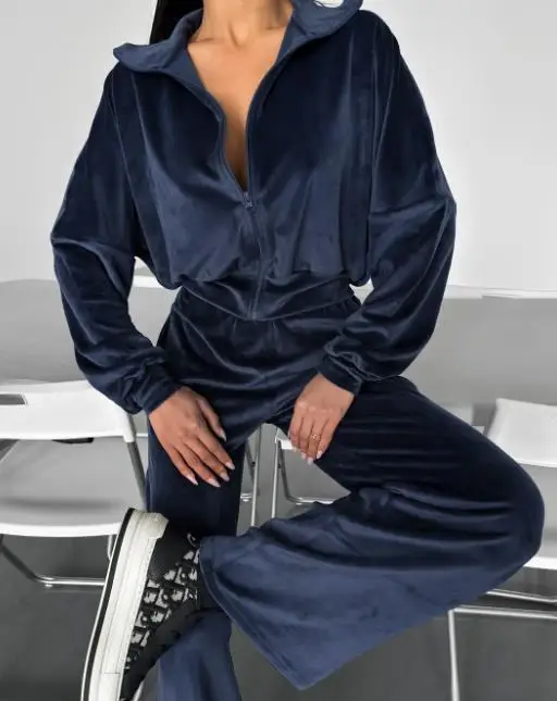 

Autumn Fashion Sports Versatile Tibetan Blue Small Stand Collar Long Sleeved Pants Set Street Knitted Casual Women's Clothing