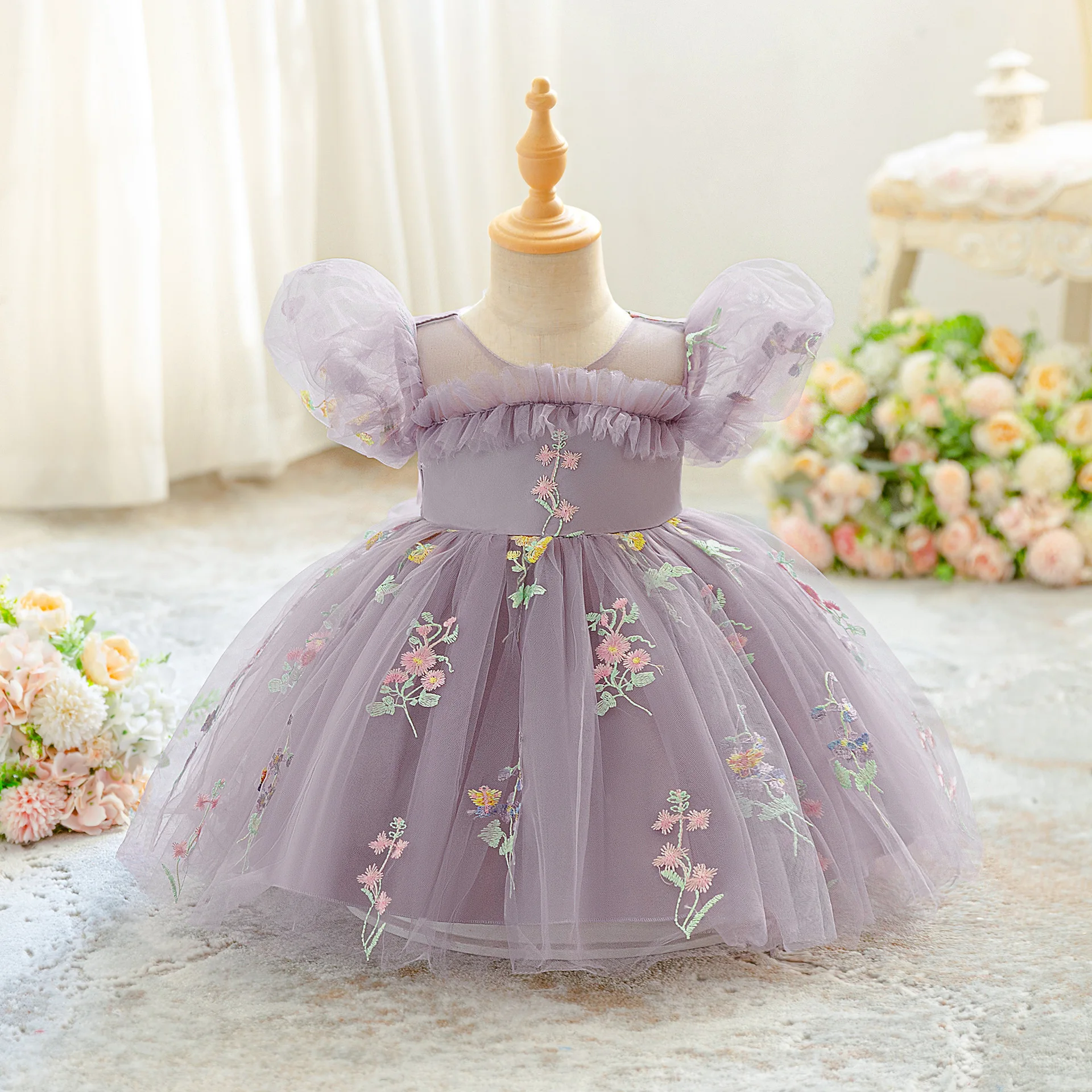 Elegant Dress For Girl Tulle Princess Dress Flower Embroidery Birthday Party Gown New Year Dress For Girl Piano Perform Dress