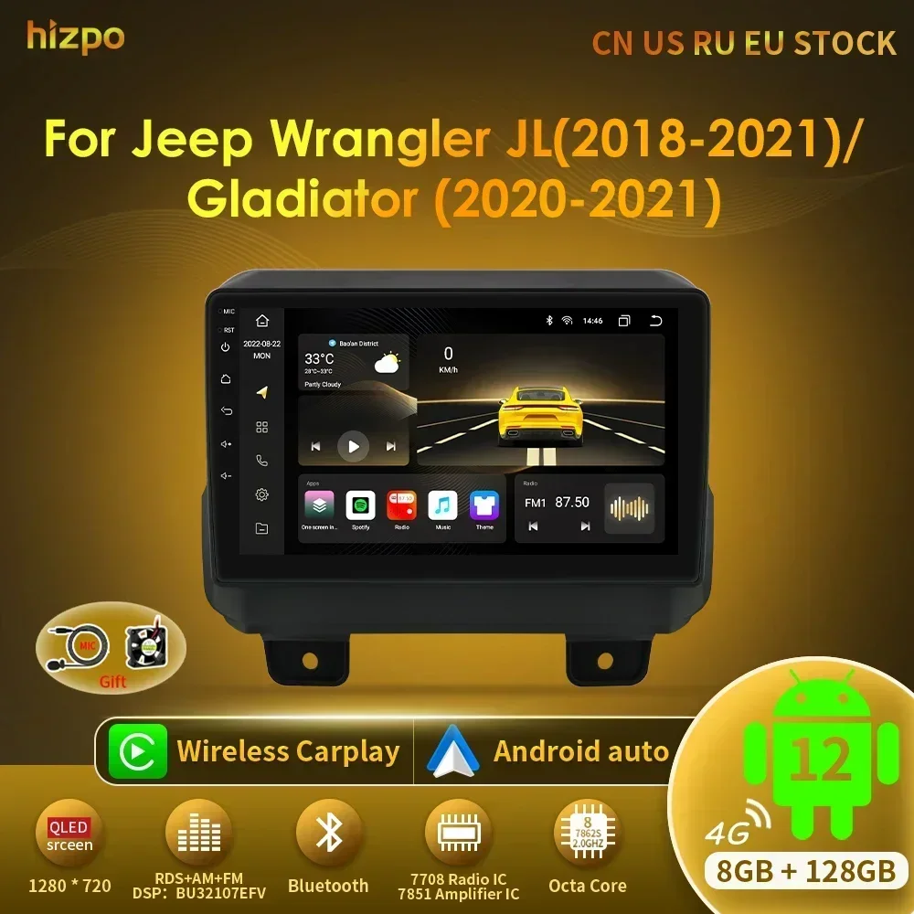 

Hizpo Carplay 4G Android Car Radio For Jeep Wrangler JL (2018-2021) Gladiator (2020-2021) Multimedia Video Player GPS Stereo DSP