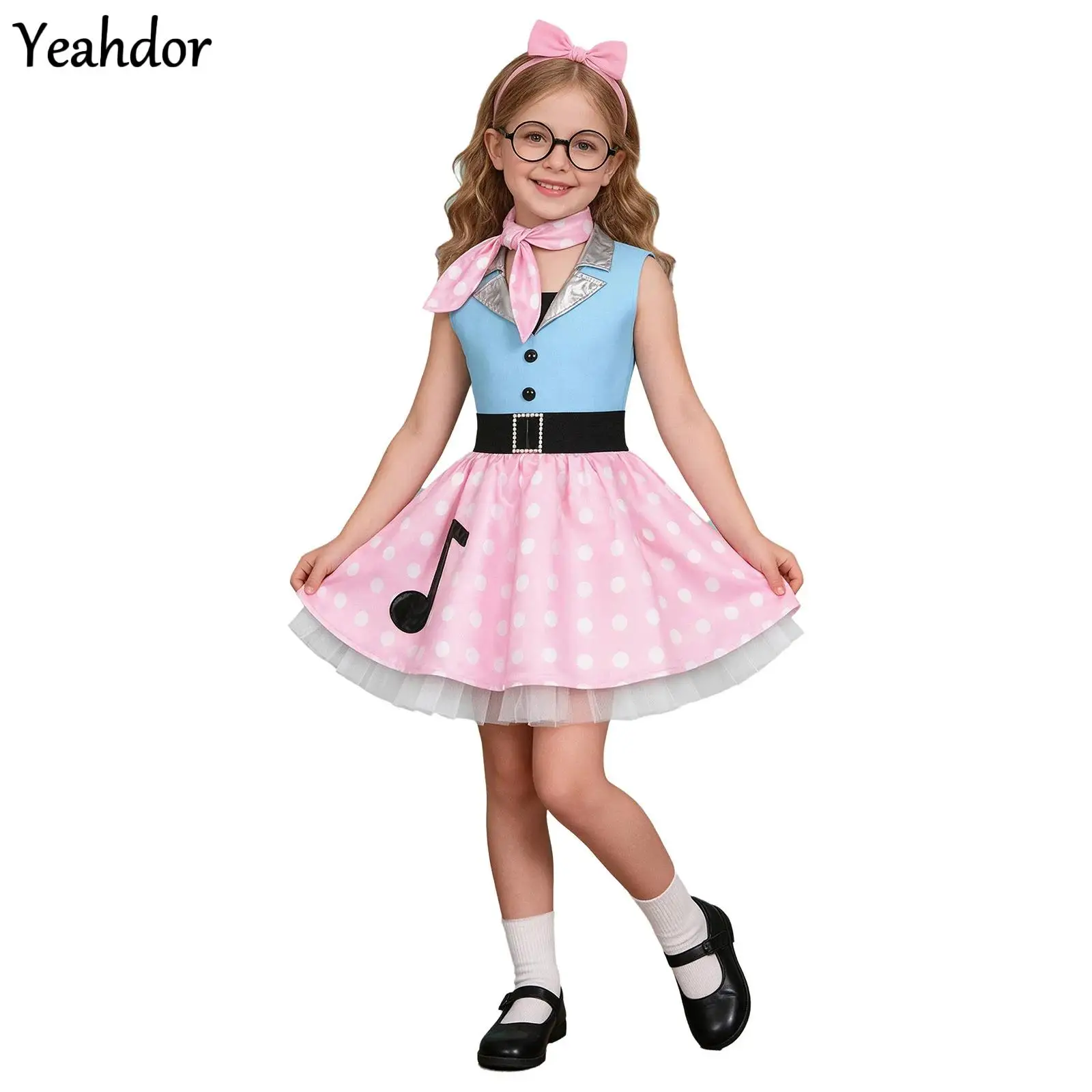Children 50s Vintage Party Costume Girls Sleeveless Polka Dots Ballet Dance Dress Metallic Tutu Dress with Neck Scarf Halloween