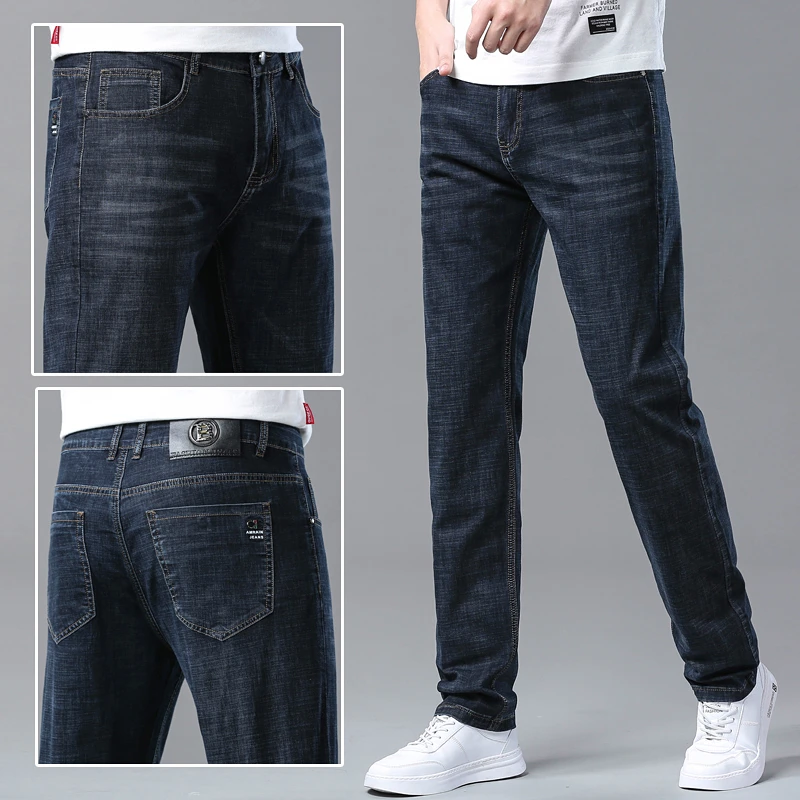 New Spring/Summer Fashion Business Jeans Men's Straight Stretch Trousers Leisure Elastic Versatile Zipper Denim  Pants Men Cloth