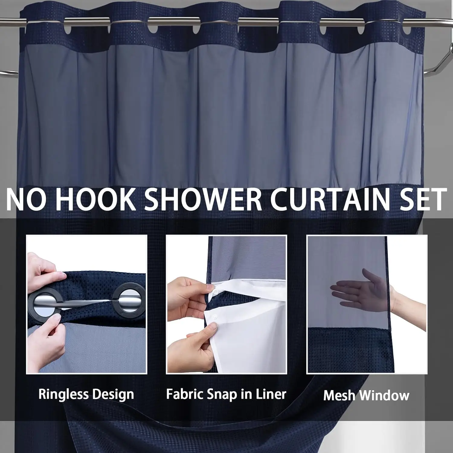 1PC hook-free large hole waffle check shower curtain with snap-on lining, 72in*75in, hotel grade, spa waterproof shower curtain,