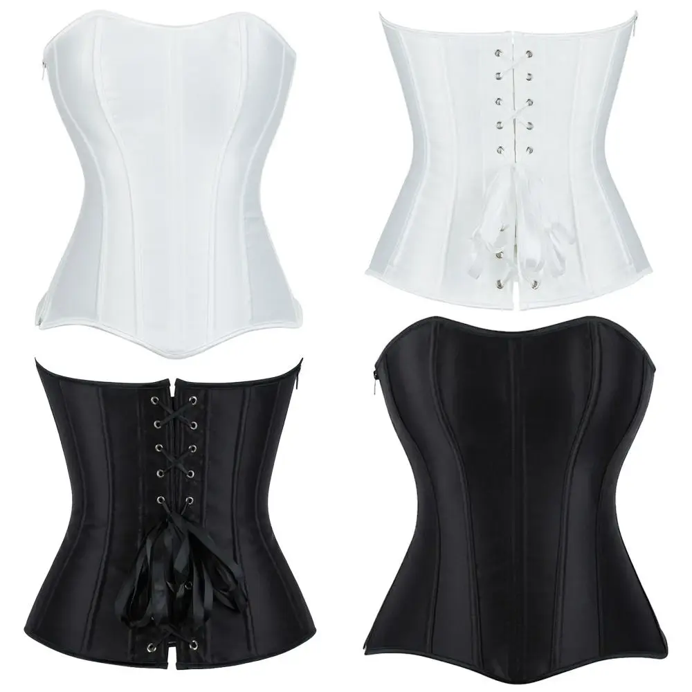 

Women Lingerie Black White Overbust Corset Satin Lace Up Shapewear Zipper Waist Cincher Body Shaper Ladies Wear