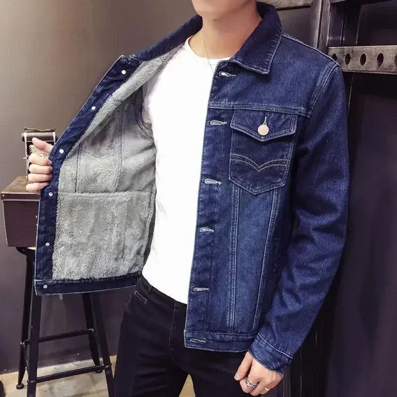 Men's Denim Jacket Wool Black Warm Male Jean Coats Padding Padded with Sheep Trendy Winter Outerwear Fashion Korean Style Korea